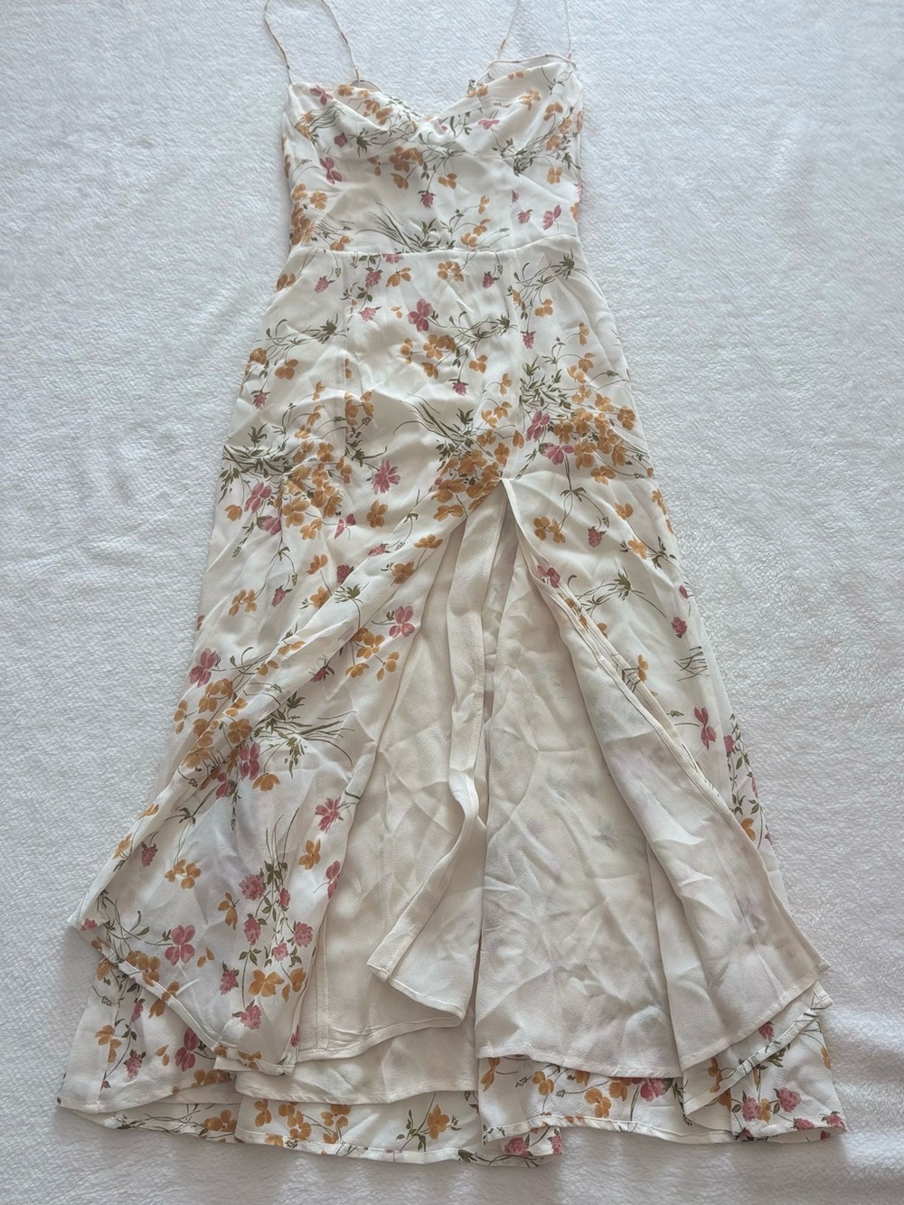 Reformation Cream Floral Spaghetti-Strap Dress with Pink & Mustard Accents - Picture 3 of 6